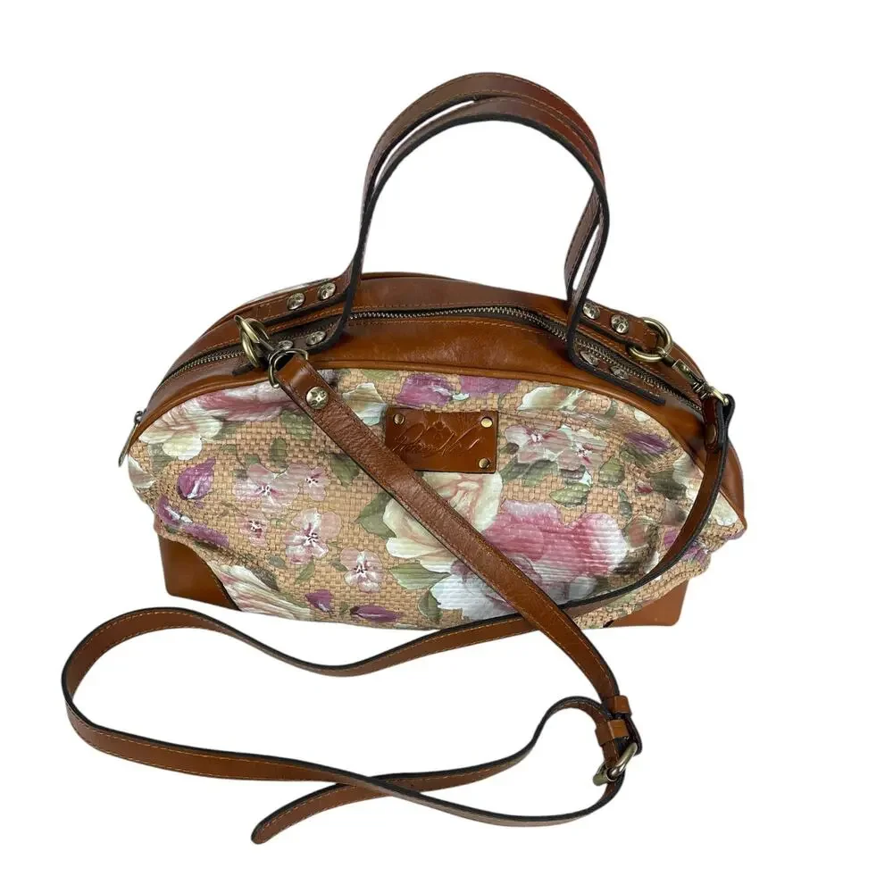 PATRICIA NASH Crackled ROSE GARDEN Woven Straw SATCHEL Bag FLORAL